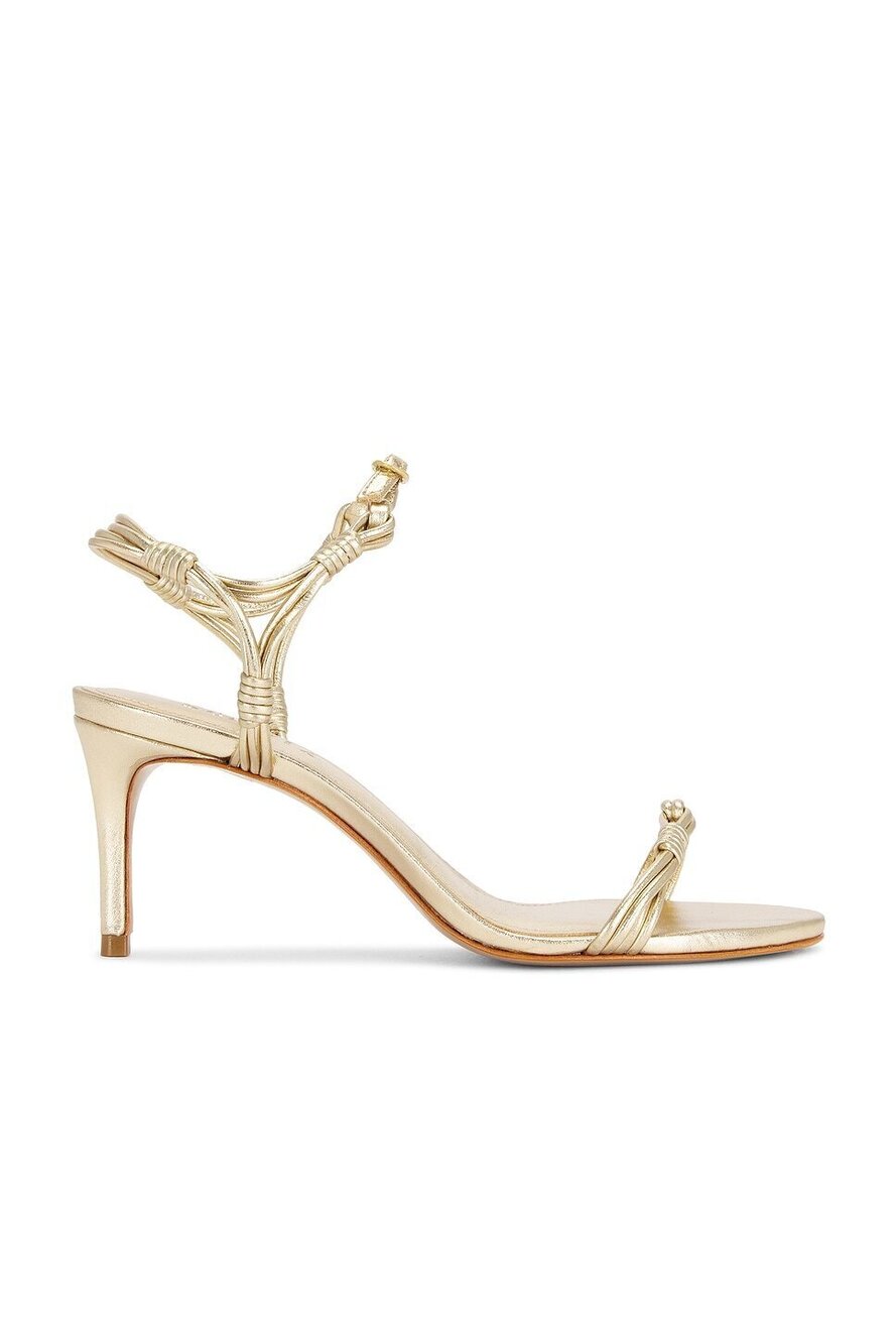 Schutz Nara Mid Sandal in Platinum gold leather mid stiletto heel strappy